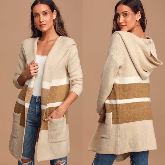 Lulus | Carlsbad Tan and Beige Hooded Cardigan Sweater - Picture 1 of 7